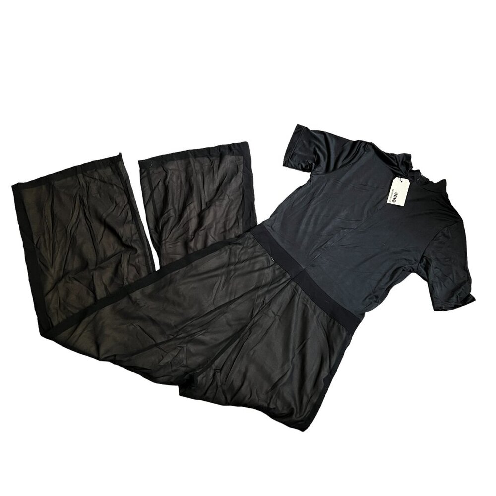 Uniq NWT Wide Leg Short Sleeve Jumpsuit Sz Large Womens Black Mock Neck